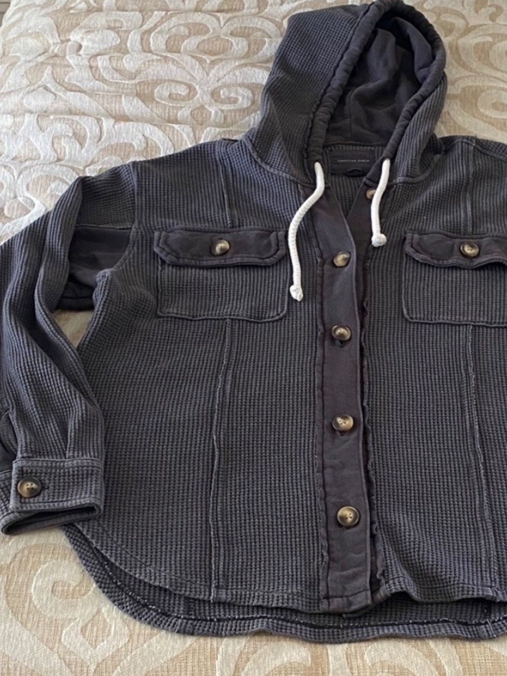 American Eagle Charcoal Waffle Knit Hooded Shacket Size Small Oversized - Picture 10 of 11